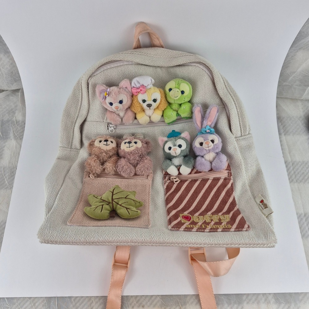 Disney Duffy and Friends Plush Character Herringbone Backpack Cream Peach - Picture 1 of 8